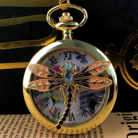 Pocket Watch Accessories - Dragonfly NEW Pocket Watch Dragon Fly Insect Gold Crystal Jewel